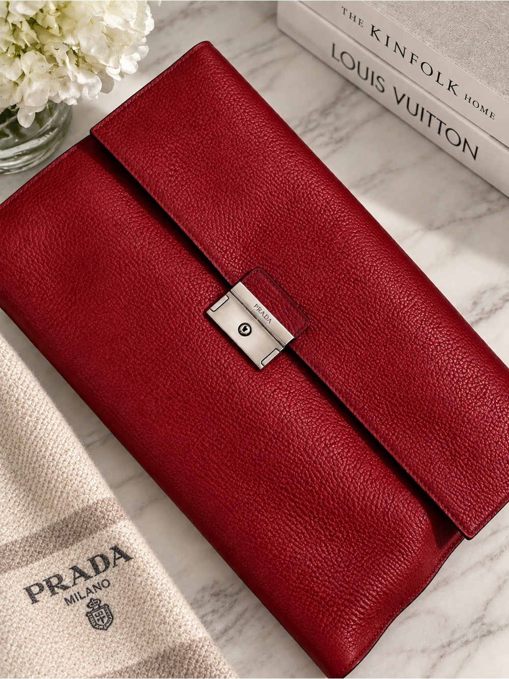 PRADA Red Leather Envelope Clutch with Lock & Key (13 W x 9 H)
